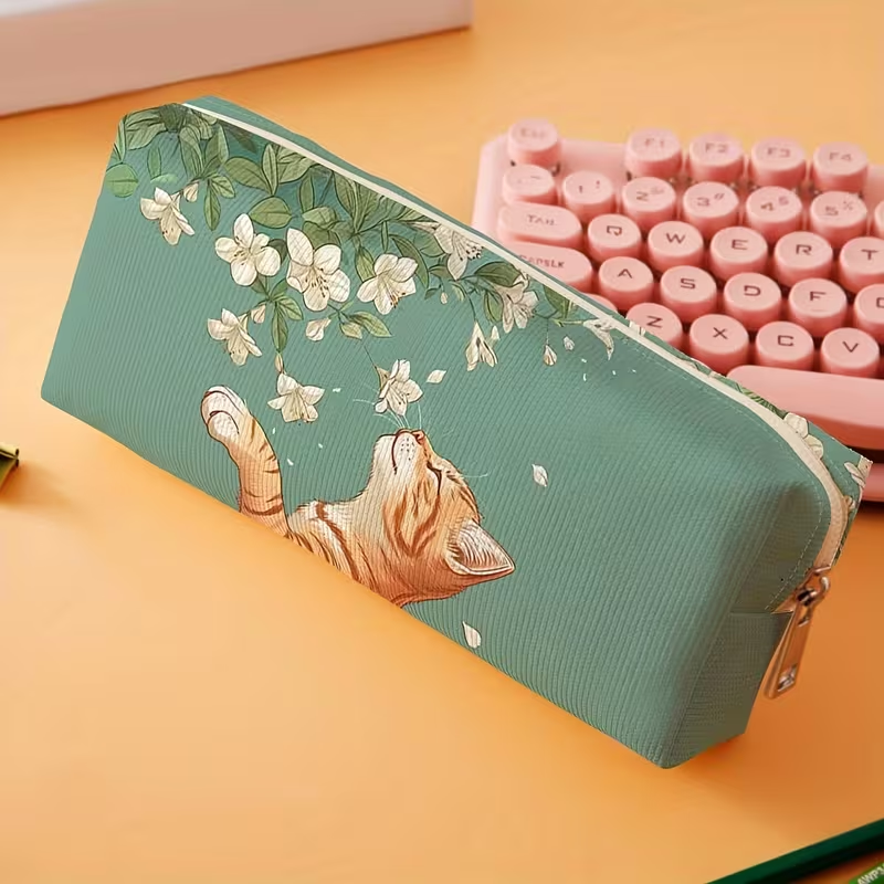 Green-background pencil case with cat and floral print