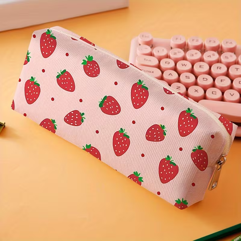 Large-capacity strawberry-print pencil case